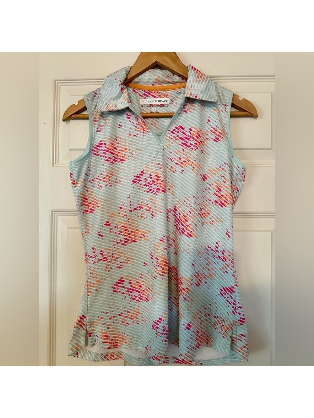 Pebble Beach Light Blue Floral Sleeveless Polo with Pink and Orange Accents
